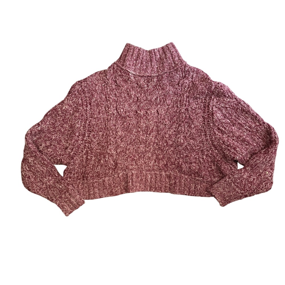 Free People Womens XS Mauve Burgundy Marled Cropped Cable Knit Mock Neck Sweater